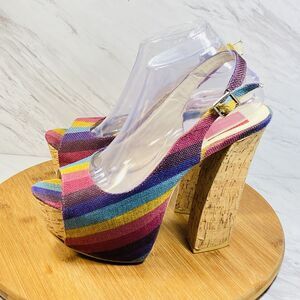 FRH Women Multicolor Knit Platform Slingback Peeptoe Festival Boho 60s Size 9
